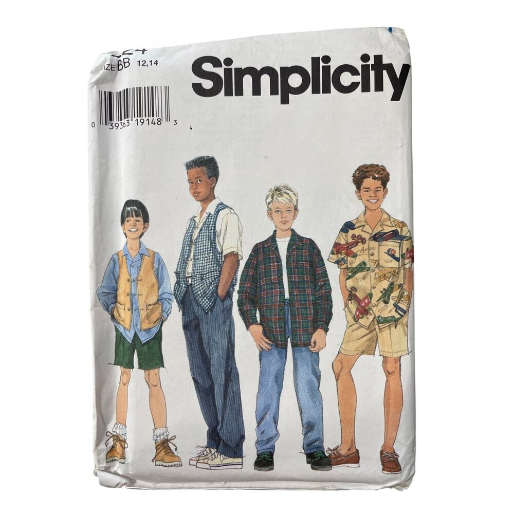 90s Simplicity 7224 Sewing Pattern Size 12 14 Boys Shirt Vest Pants Shorts UNCUT